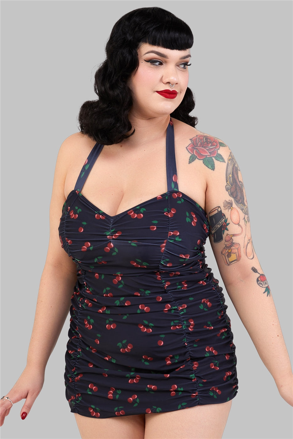 Retro Ruched Cherry halter Swimsuit