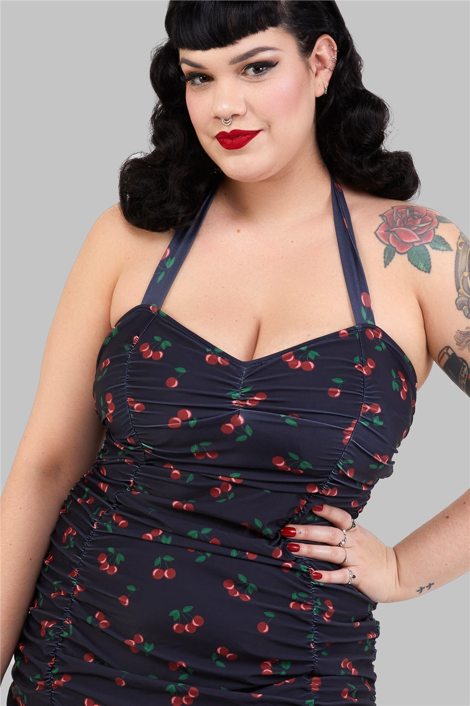 Retro Ruched Cherry halter Swimsuit