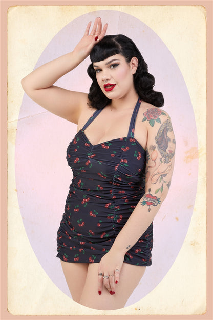 Retro Ruched Cherry halter Swimsuit