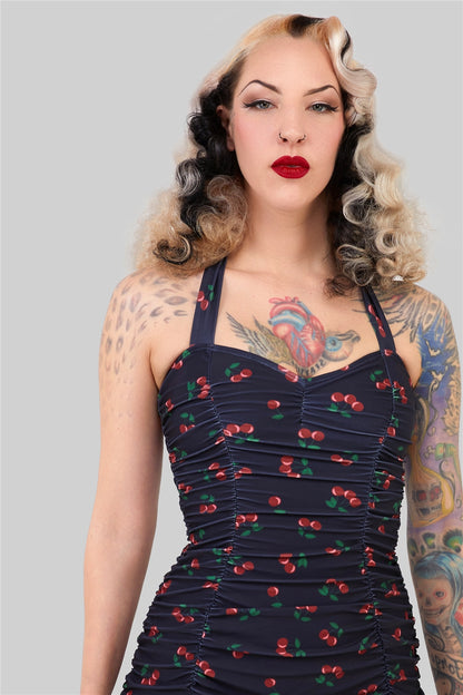 Retro Ruched Cherry halter Swimsuit