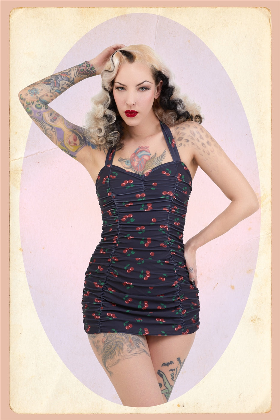 Retro Ruched Cherry halter Swimsuit