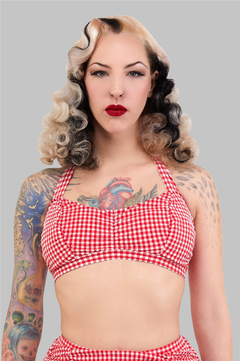 Retro Ruched Gingham Halter Bikini Top