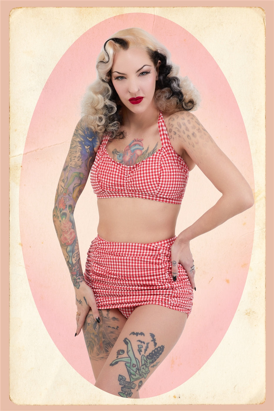 Retro Ruched Gingham Halter Bikini Top