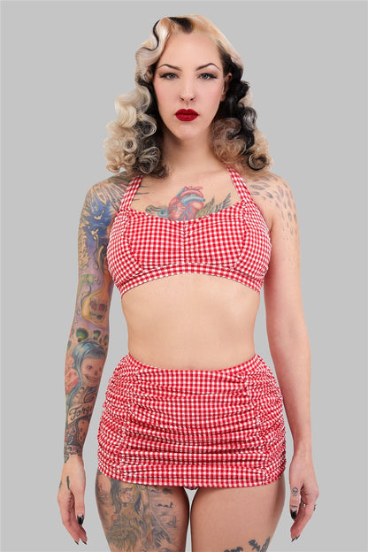 Retro Ruched Gingham Halter Bikini Top