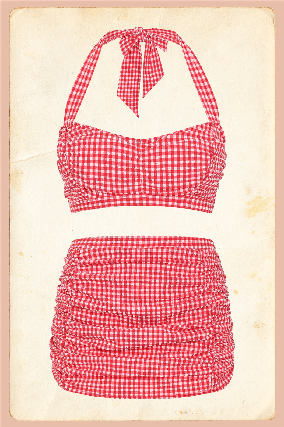 Retro Ruched Gingham Halter Bikini Top