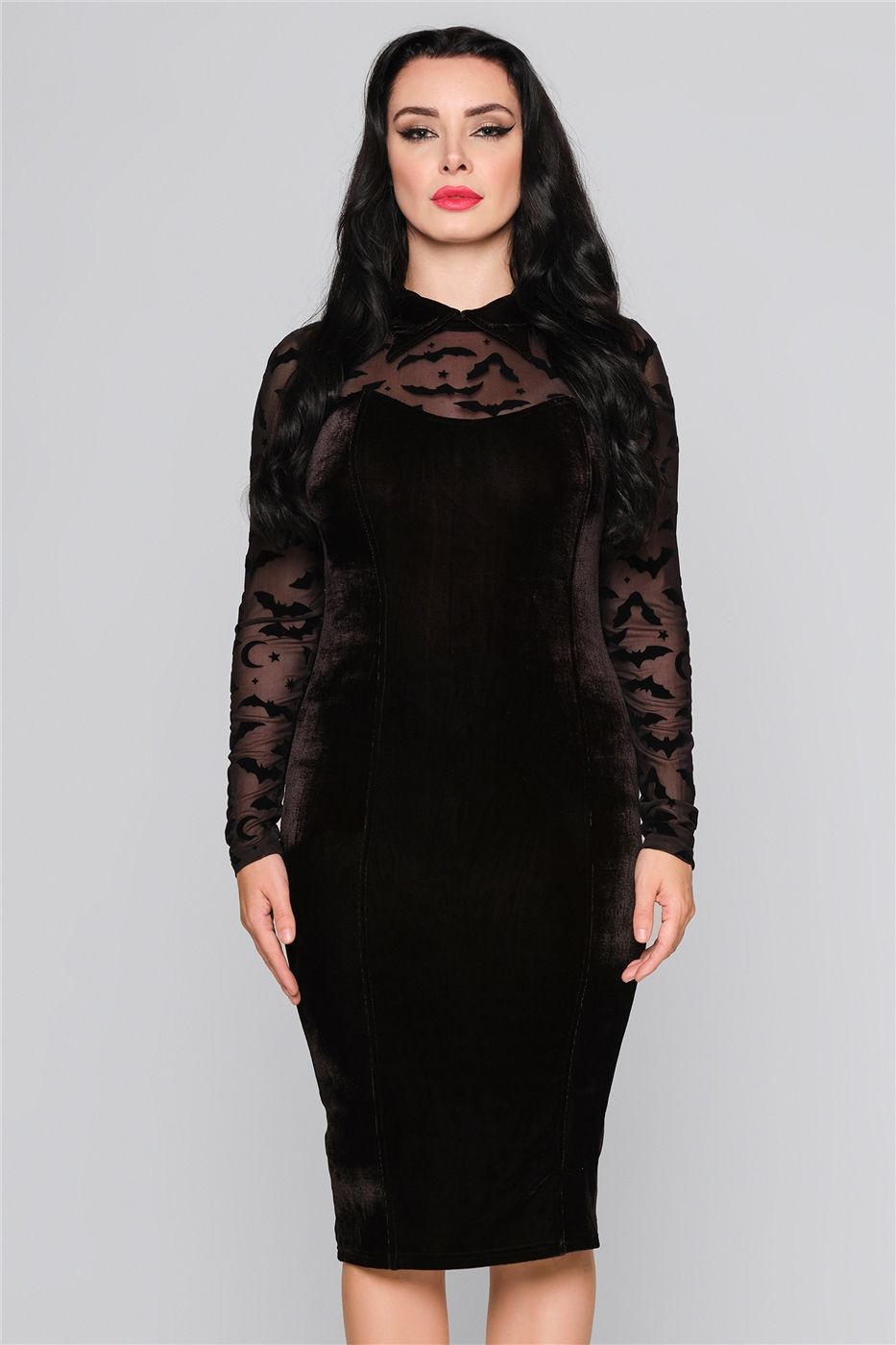 Rooey Bat Mesh Velvet Pencil Dress