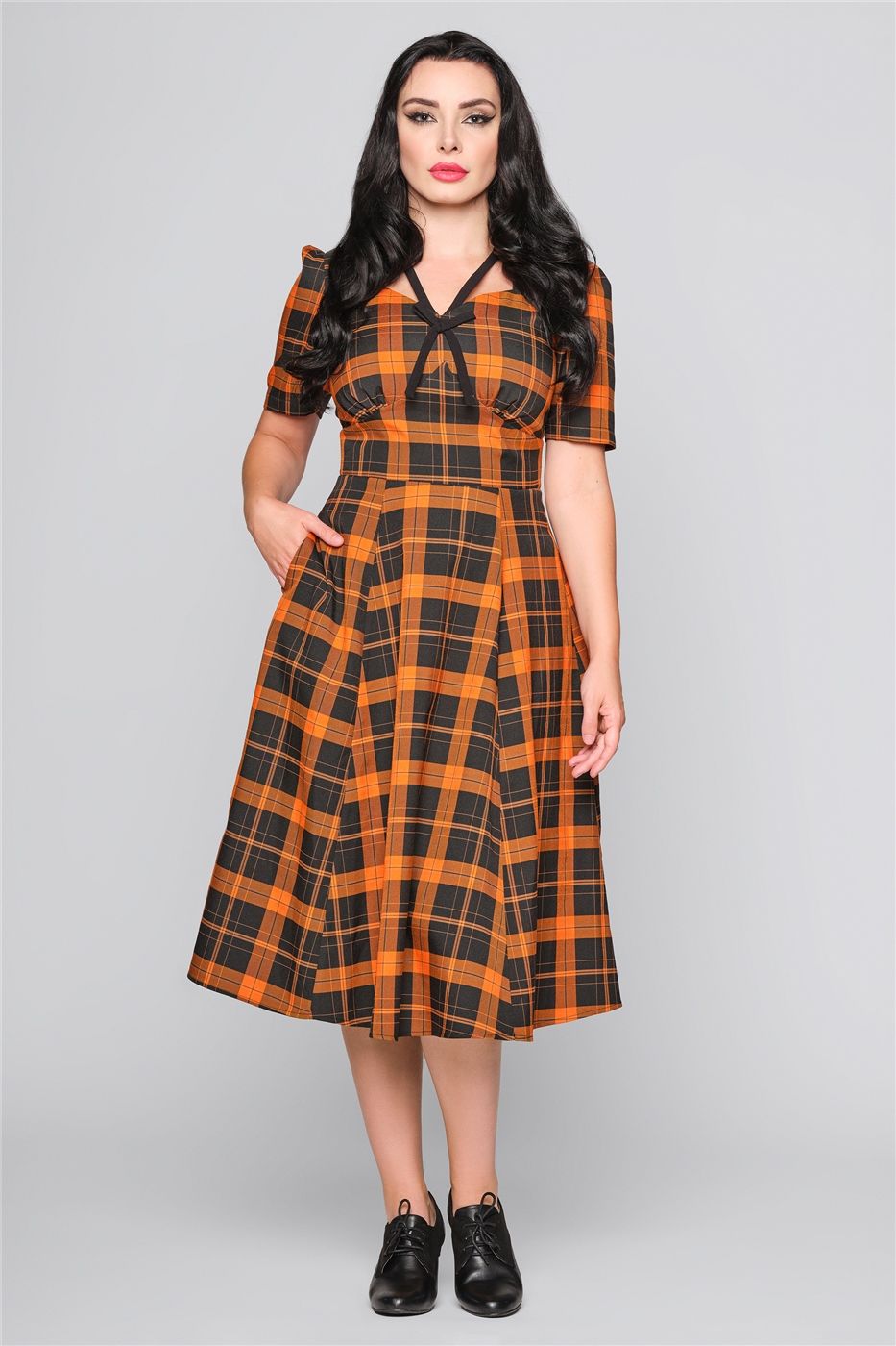 Anja Pumpkin Check Flared Dress