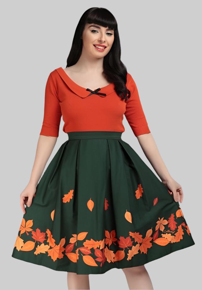 Marilu Leaves Border Print Swing Skirt