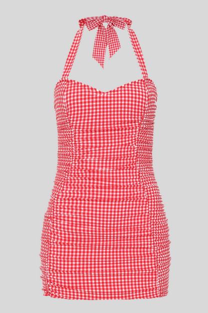 Retro Ruched Gingham Halter Swimsuit