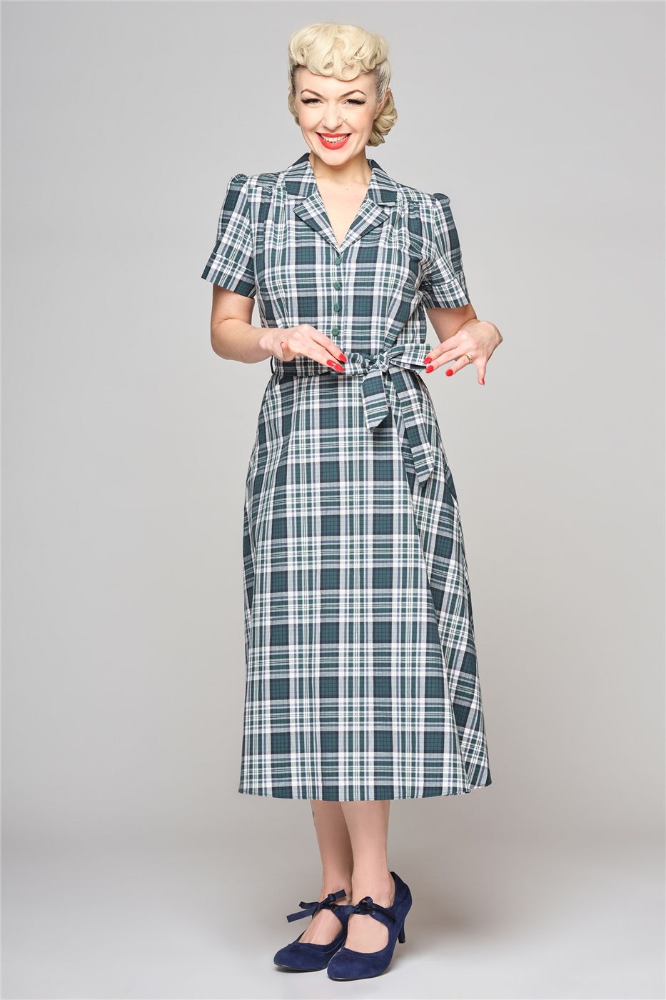 Alexandrea Belted Emerald Check Dress