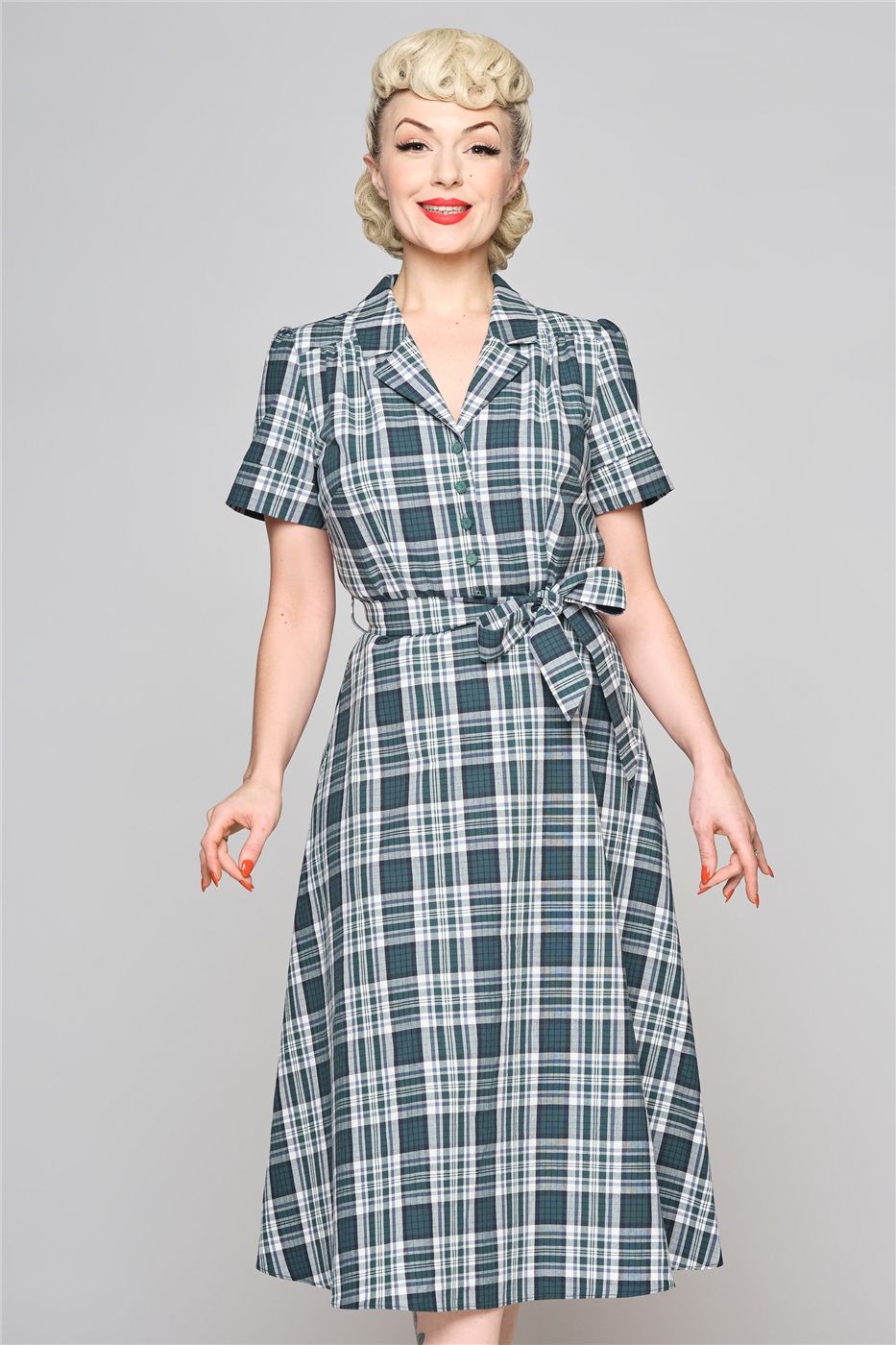 Alexandrea Belted Emerald Check Dress